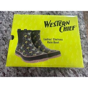 Western Chief Womens Chelsea Rain Boots Black Flowers Sz 9 Pull-on Brand NEW